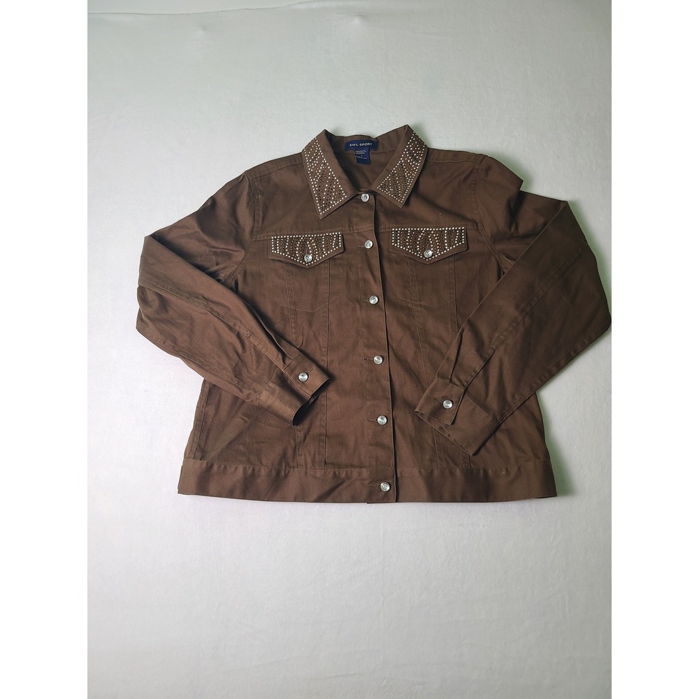 VTG Y2K 00s SML Sport Jacket L Brown Studded Embellished Cotton Twill Button Up